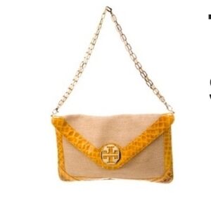 Tory Burch Raffia And Yellow Croc Embossed Envelope Shoulder Bag